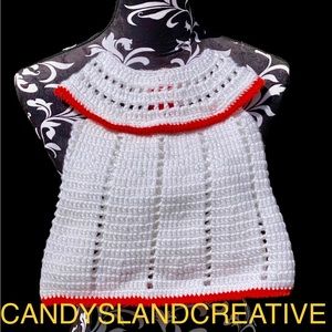 Handmade crochet white with orange trim 0-3 month baby dress